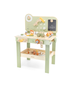Mesa de trabajo con herramientas tonos verde