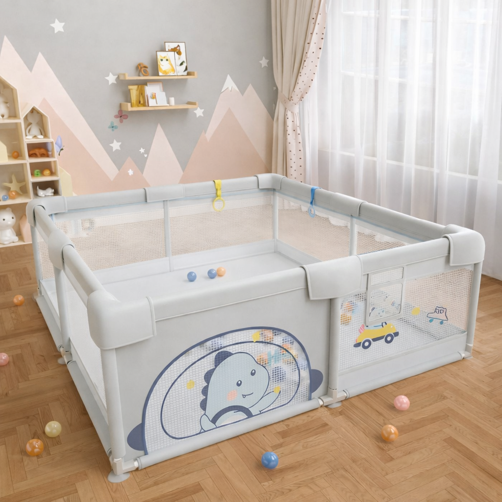 Corral infantil diseño Dinosaurio color gris 120x120