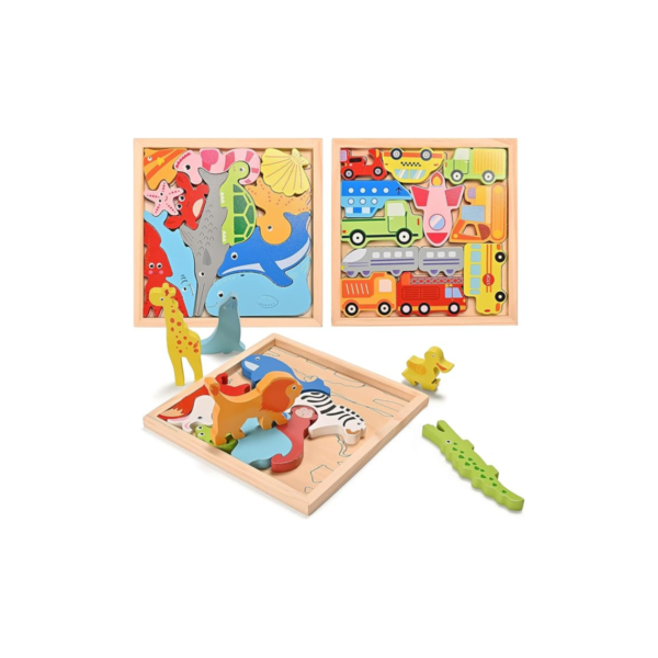 Puzzle Didáctico 3D Encastrable de Madera – Animales y Vehículos